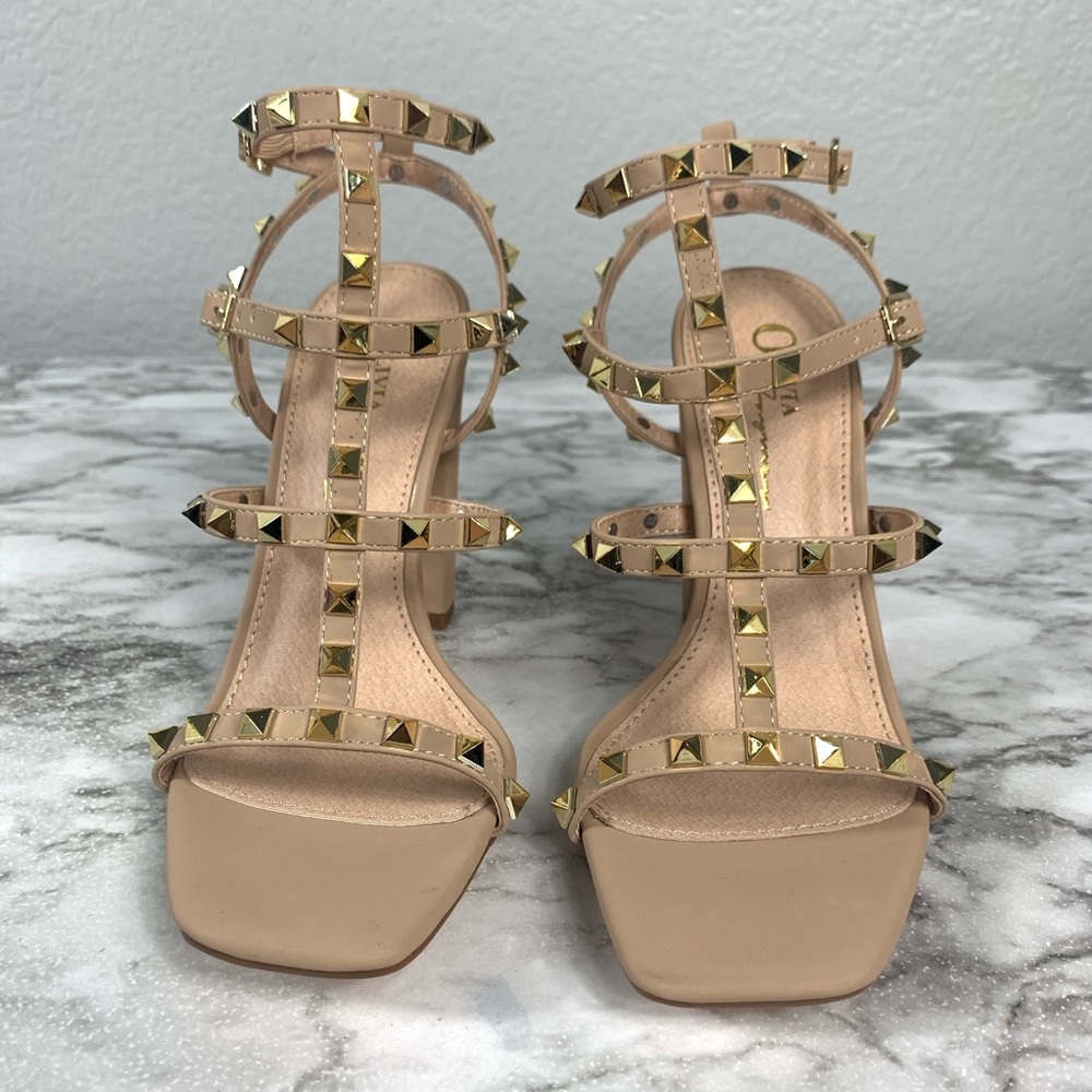 Olivia Ferguson Nude Nubuck Stud Open Toe Heels - Picture 2 of 6